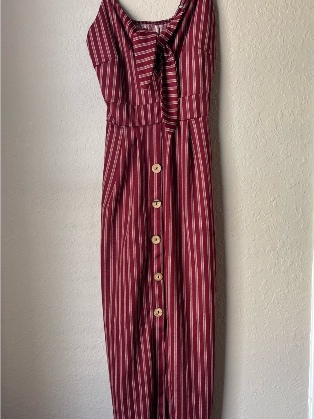 Striped Tie-Front Button Midi Dress in Burgundy